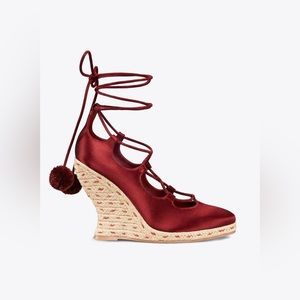 NEW Tory Burch Red Pom-Pom Lace-up Satin Wedge Espadrilles Merlot Size 7.5